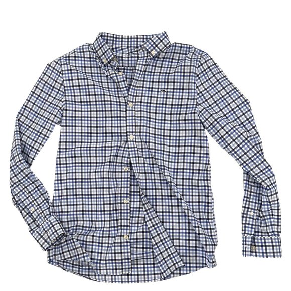 Vineyard Vines Tops - Vineyard Vines Womens Multi Blue Nautical Colors Checkered Button-Up Shirt Logo